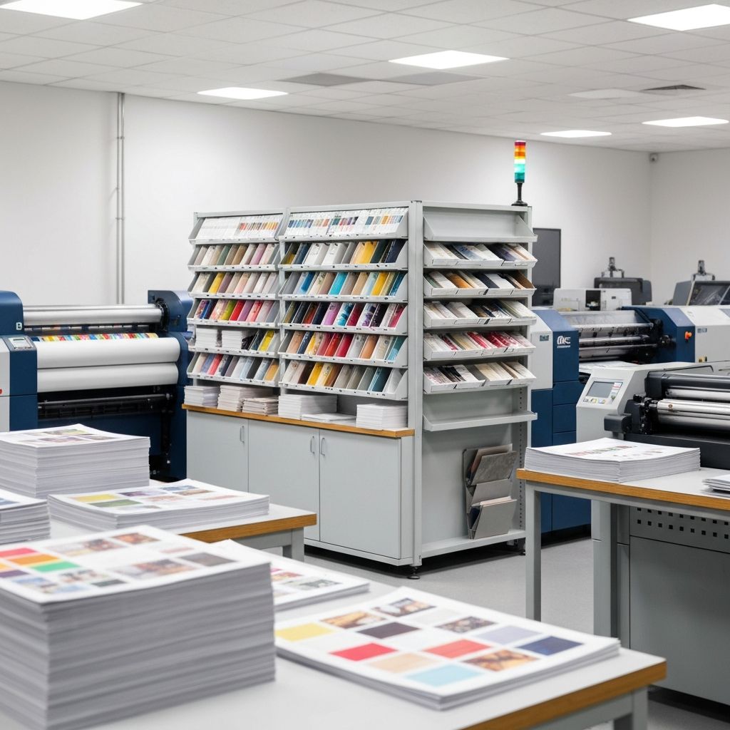 PrintQwik print shop interior with professional printing equipment and materials
