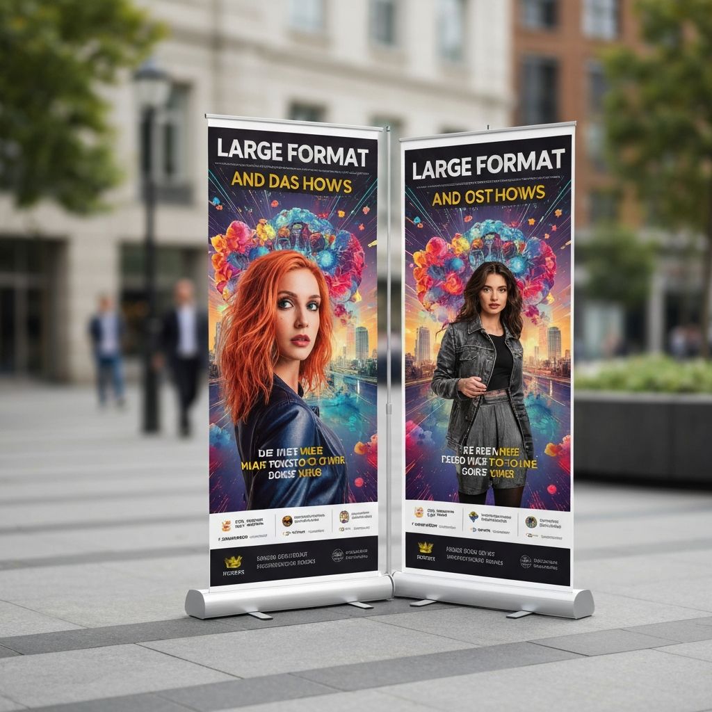 Large format printed banner on a pull-up stand display