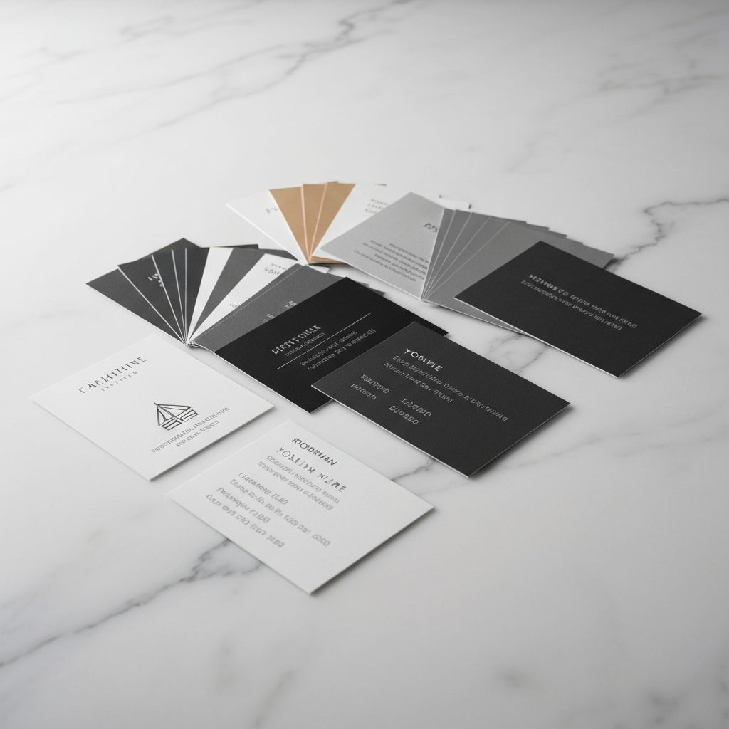 Premium business cards fanned out on a white marble surface