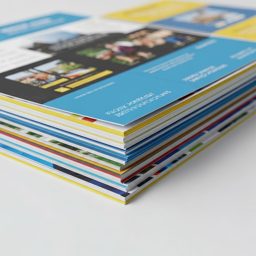 Stack of professionally printed marketing flyers and trifold brochures