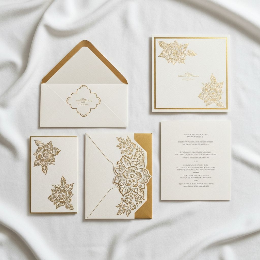 Elegant luxury wedding invitation suite with cream and gold stationery